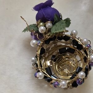 Handcrafted Wire Wrapped Basket Brooch with Purple Flower